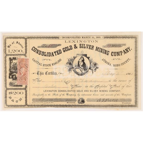 Lexington Consolidated Gold & Silver Mining Co. Stock Certificate  1863  [166935]