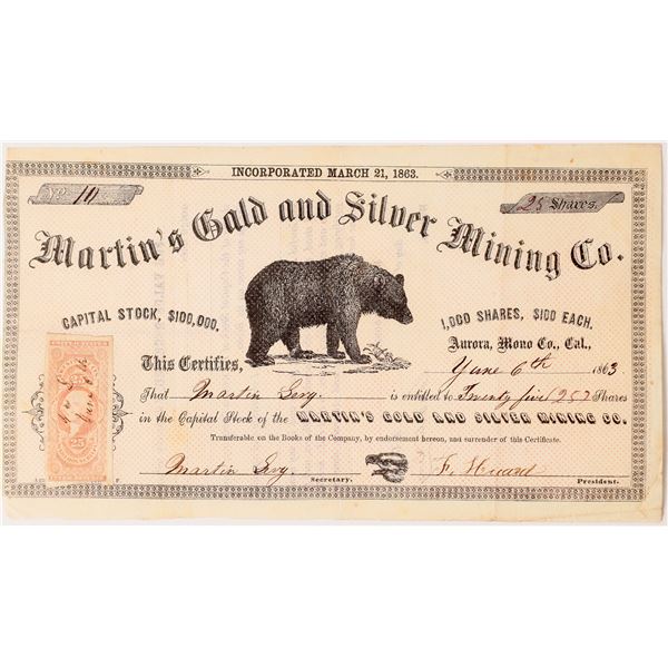 Martin's Gold & Silver Mining Company Stock Certificate  1863  [166926]