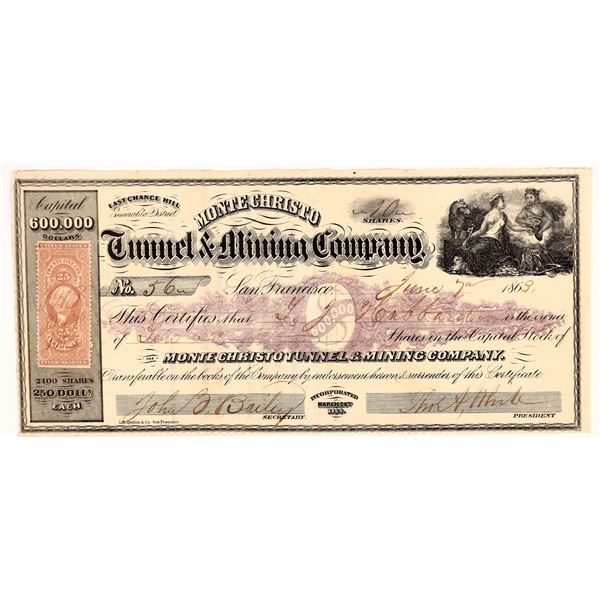 Monte Christo Tunnel & Mining Company Stock Certificate  1863  [166937]