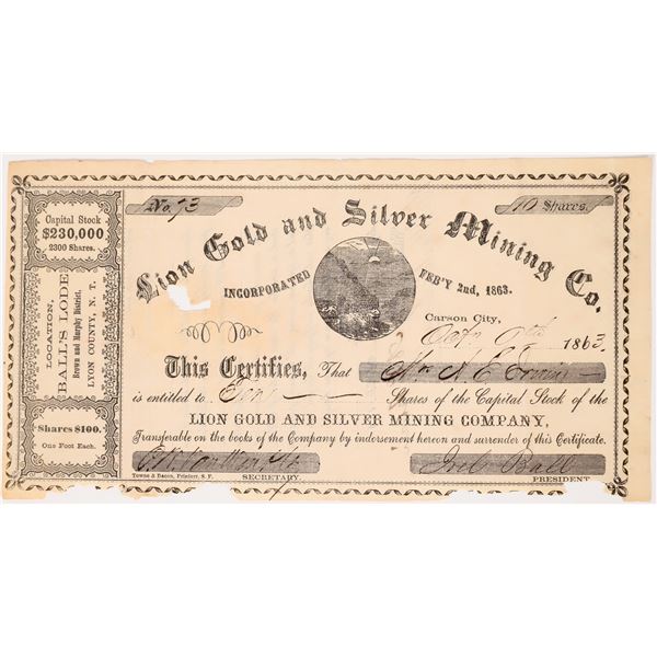 Lion G&S MC Stock, Subject of Mark Twain Article  1863  [173848]