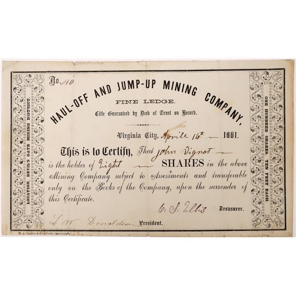 Haul-Off and Jump-Up Mining Company Stock, UT/NV Territorial  1861  [163581]