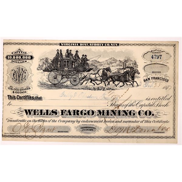 Wells Fargo Mining Company Stock Certificate  1877  [163601]