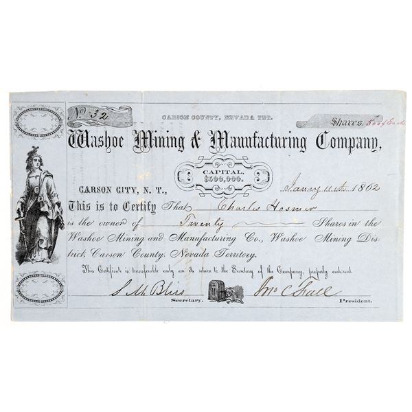 Washoe Mining & Milling Co. Stock, Rare  1862  [164764]