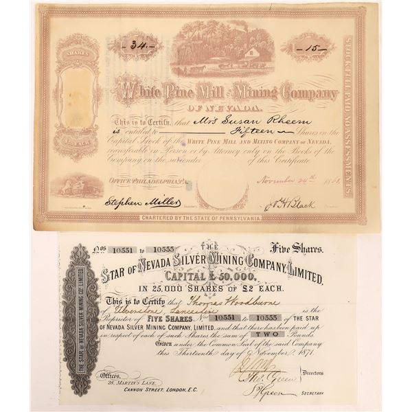 White Pine County Mine Stock Certificates (2)  1868 & 1871  [129704]