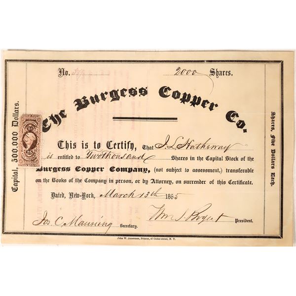 Civil War Era Copper Stock Certificate  March 13, 1865  [171786]