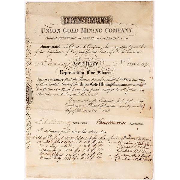 Union Gold Mining Co. Certificate, 1834    [169061]