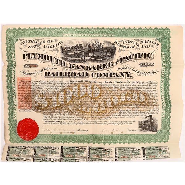 Plymouth, Kankakee & Pacific Railroad Company Bond with Imprinted Revenue  1871  [167574]