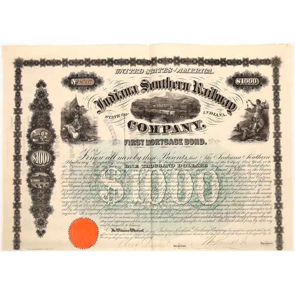 Indiana Southern Railway Bond with Tilden Signature  1866  [130680]