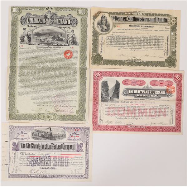 Colorado Railroad Stocks and 1 Bond, 4 Total, D H Moffat Signature    [175716]