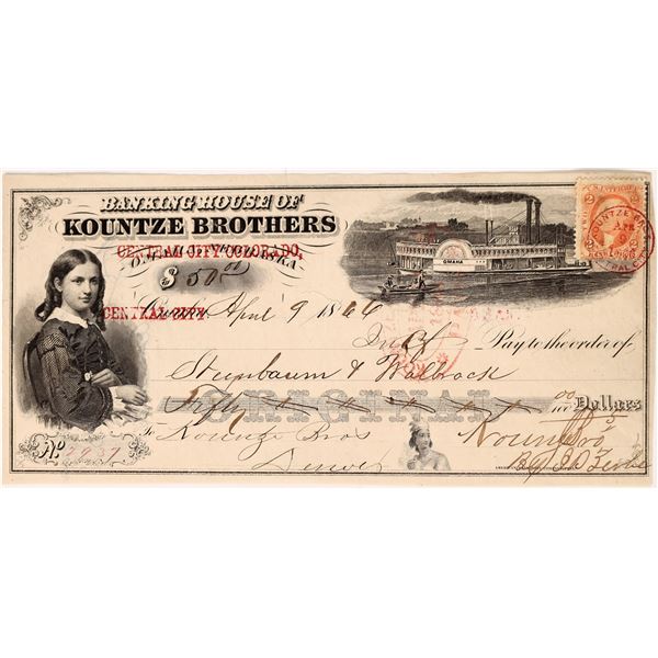 Kountze Brother Overprint Check with Adhesive Revenue, Very Rare    [172419]