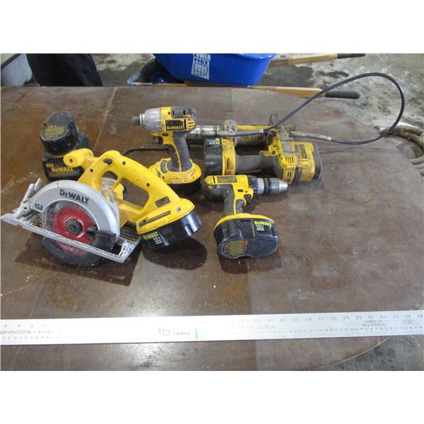 DeWalt 18 Volt Circular Saw, Drill, Impact Driver, Greaser, Charger, Batteries