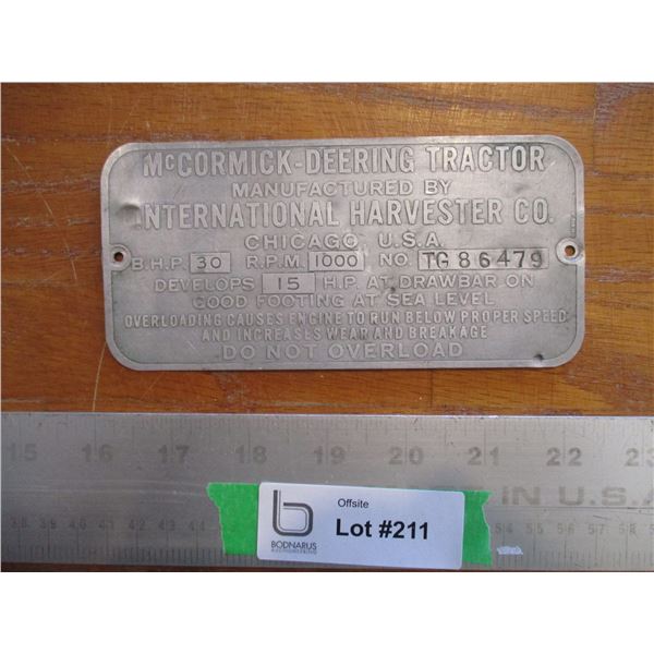 McCormick-Deering Tractor Metal Production Plate
