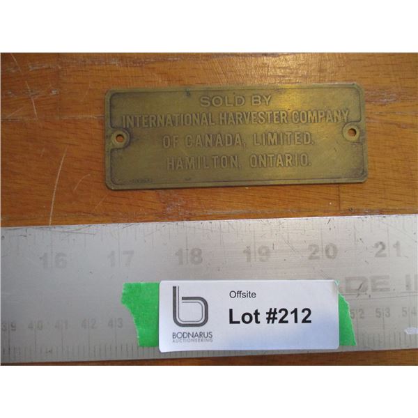 Brass Plate - Sold by International Harvester Company, Hamilton