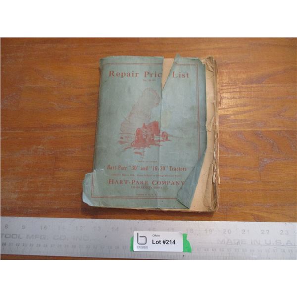 Repair Price List Book - Hart-Paar "30" and "16-30" Tractors