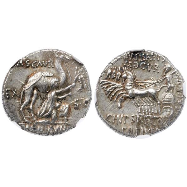 M. Aemilius Scaurus and Pub. Plautius Hypsaeus. Silver Denarius (3.87 g), 58 BC