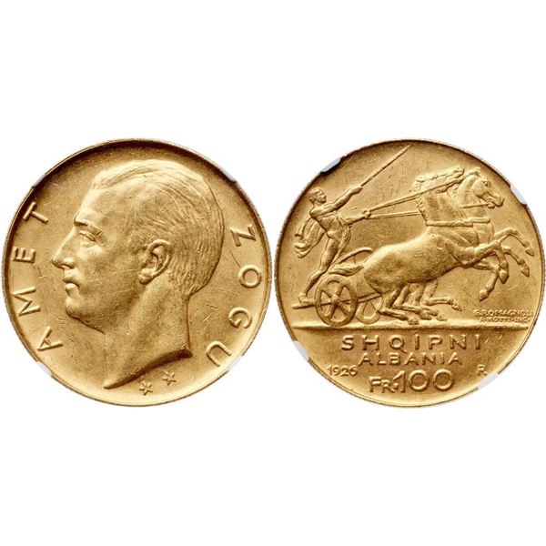 Ahmet Zogu, as President (1925-1928). Gold 100 Franga Ari, 1926 R. Roma.