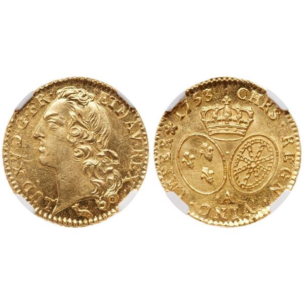 Louis XV (1715-1774). Gold Louis d’or au bandeau, 1753 A. Paris mint.