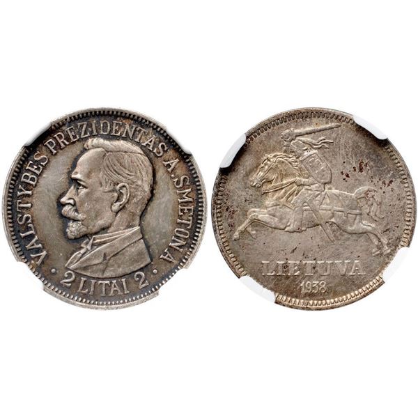 Republic. Silver Proof Pattern 2 Litai, 1938.