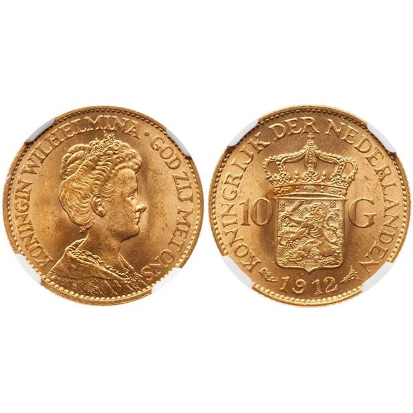 Wilhelmina (1890-1948). Gold 10 Gulden, 1912.