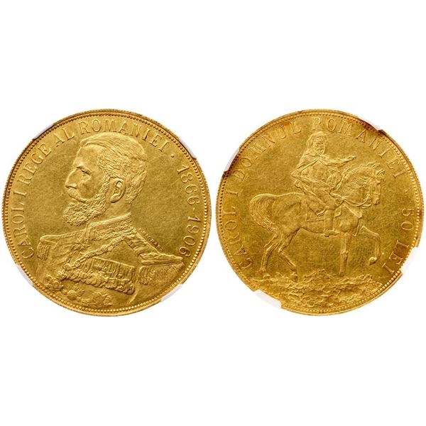 Carol I, as King (1881-1914). Gold 50 Lei, 1906. On the 40th Anniversary of his reign.