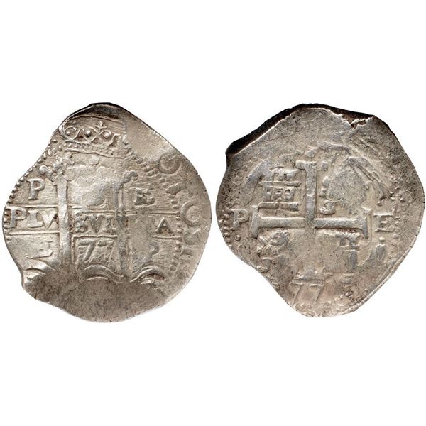 Carlos II (1665-1700). Silver Cob 8 Reales, 1677 P E. Potosí.