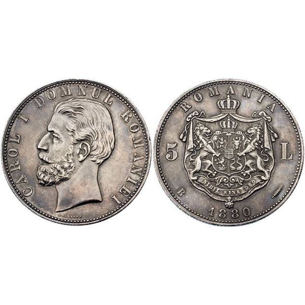 Carol I, as Prince (1866-1881). Silver 5 Lei 1880 B. Bucharest.