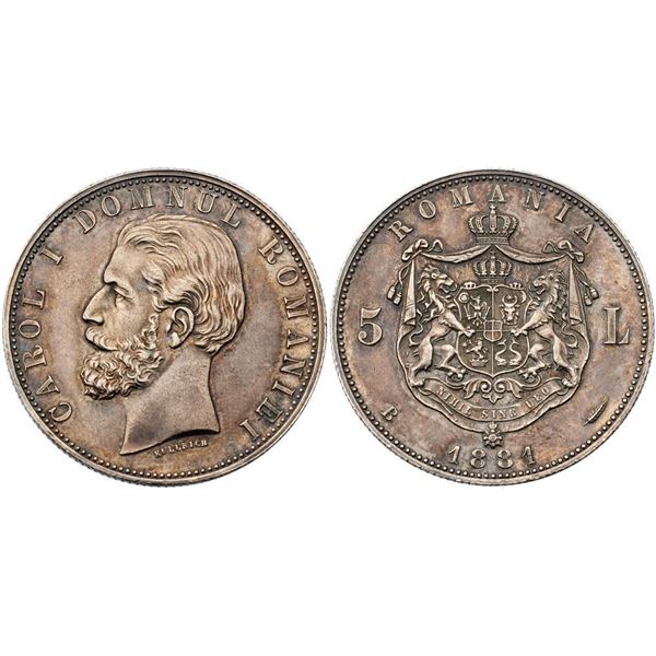 Carol I, as Prince (1866-1881). Silver 5 Lei 1881 B. Bucharest.