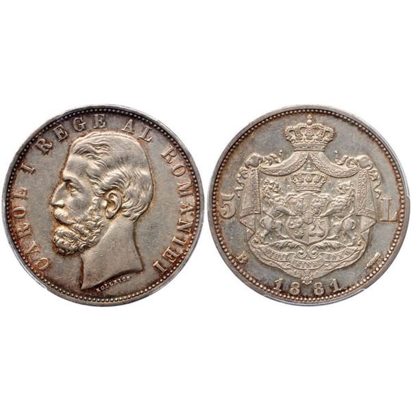 Carol I, as Prince (1866-1881). Silver 5 Lei 1881 B. Bucharest.