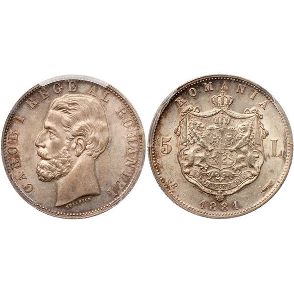 Carol I, as Prince (1866-1881). Silver 5 Lei 1881 B. Bucharest.