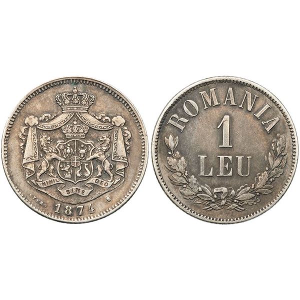 Carol I, as Prince (1866-1881). Silver 1 Leu, 1874. Brussels.