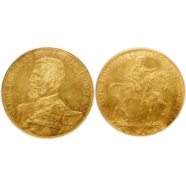 Carol I, as King (1881-1914). Gold 50 Lei, 1906. On the 40th Anniversary of his reign.