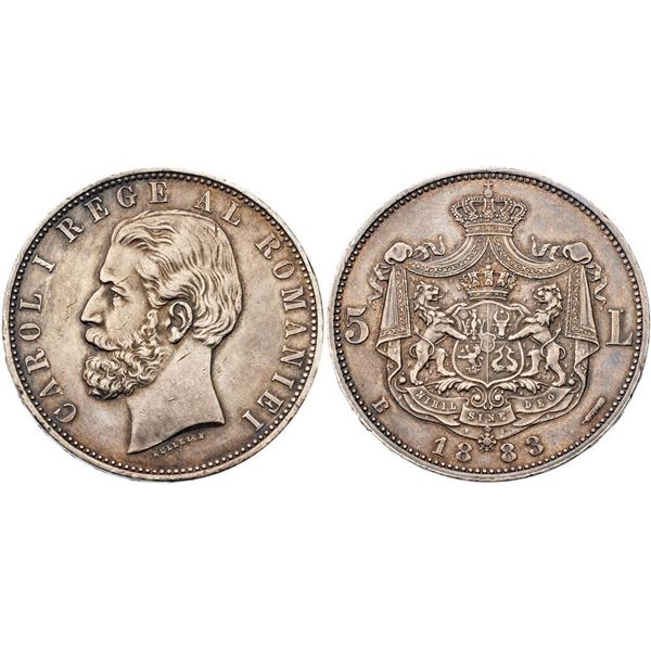 Carol I, as King (1881-1914). Silver 5 Lei 1883 B. Bucharest.