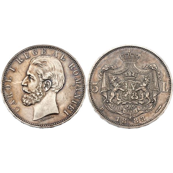 Carol I, as King (1881-1914). Silver 5 Lei 1883 B. Bucharest.