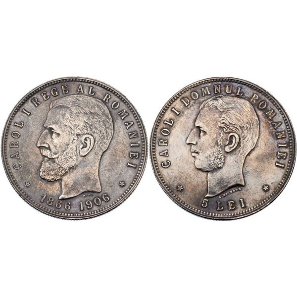 Carol I, as King (1881-1914). Silver 5 Lei. Brussels. On the 40th Anniversary of his reign.