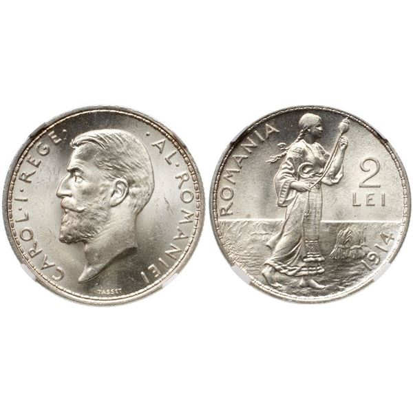 Carol I, as King (1881-1914). Silver 2 Lei, 1914. Brussels.