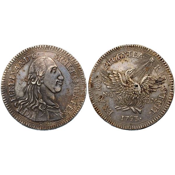 Sicily. Ferdinando III di Borbone (1759-1816). Silver Oncia da 30 Tarì, 1793 Nd-OV. Palermo mint.