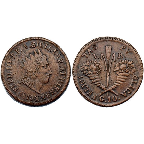 Sicily. Ferdinando III di Borbone (1759-1816). Copper 10 Grani, 1815 VB. Palermo mint. 30.96g.