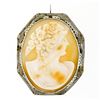 Image 2 : Antique 14K White Gold Carved Shell Cameo & Open Filigree Frame Brooch Pendant