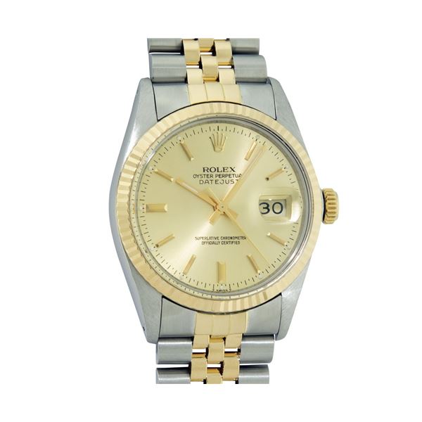 Rolex Mens 2T 14K Yellow Gold And Stainless Steel Champagne Index Datejust