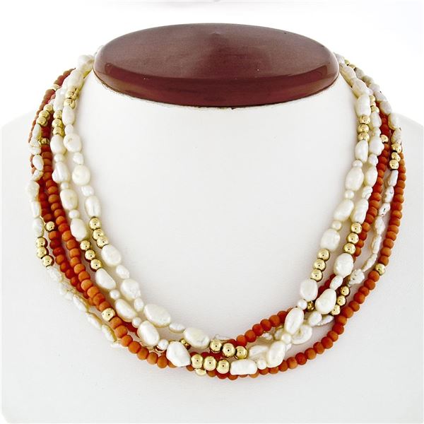 Vintage 14k Gold 16  Multi Strand Freshwater Pearl Coral Bead Torsade Necklace