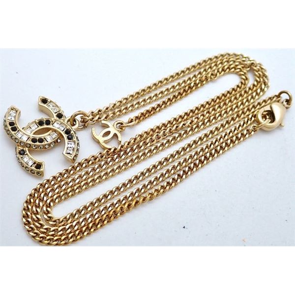 Chanel Gold-tone Chain CC Rhinestone Pendant Necklace