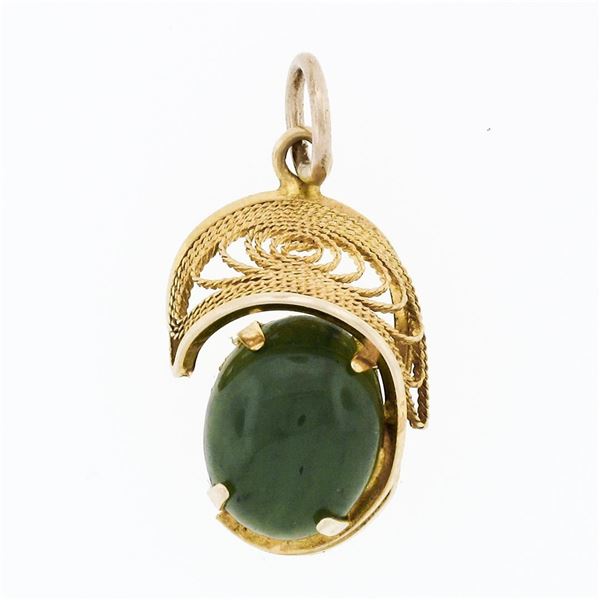 Vintage 14k Yellow Gold Oval Cabochon Cut Jade Detailed Open Swirl Charm Pendant