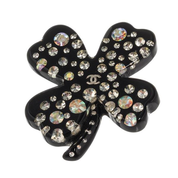 Chanel Black Clover Rhinestone Brooch