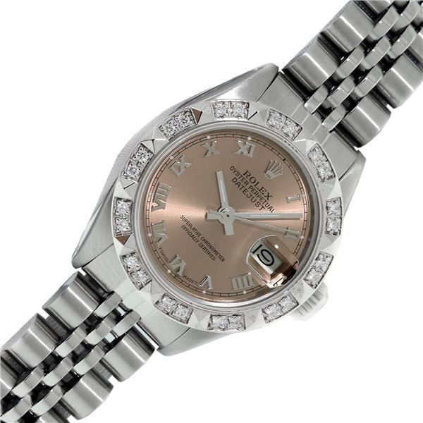 Rolex Ladies Quickset Salmon Roman Pyramid Diamond Datejust Wristwatch