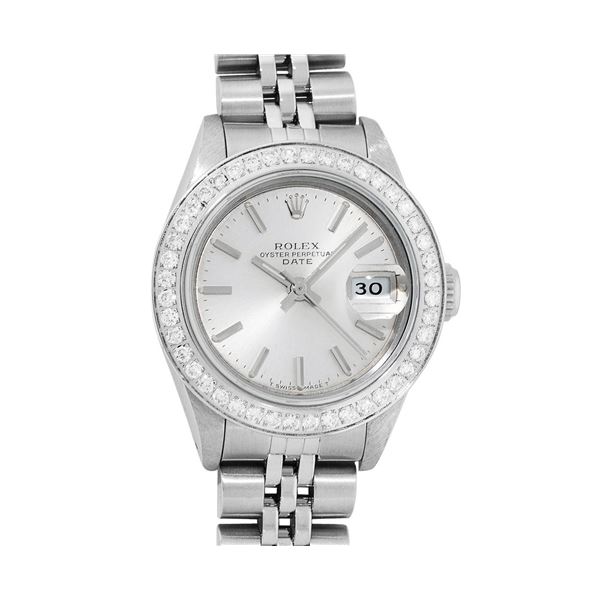 Rolex Ladies Stainless Steel Silver Index Diamond Bezel 26MM Wristwatch