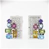 Image 1 : 18k White Gold 3.86 ctw Multi Color Gemstone Round Diamond Cluster Cuff Earrings