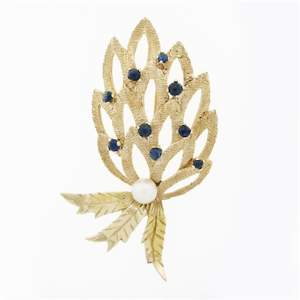 Vintage Large 14K Gold 1.3 ctw Sapphire Pearl Open Textured Flower Leaf Brooch P