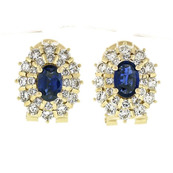 Estate 18k Yellow Gold 2.70 ctw Oval Sapphire Diamond Double Tiered Halo Earring