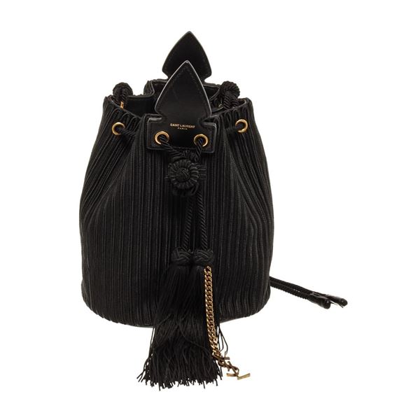 Saint Laurent YSL Black Canvas Fringe Bucket Bag