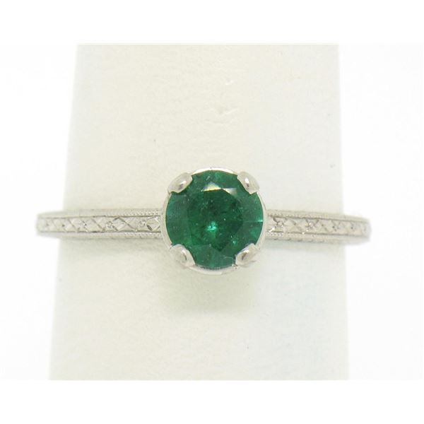 Vintage Platinum Etched Petite QUALITY .51 ctw Emerald Solitaire Ring Engagement